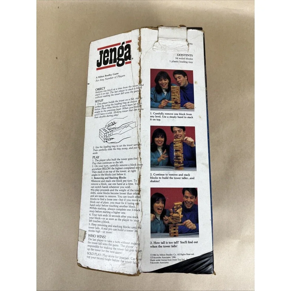 Vintage 1986 Jenga Block Game‎ In Original Box Milton Bradley Missing 1 Block